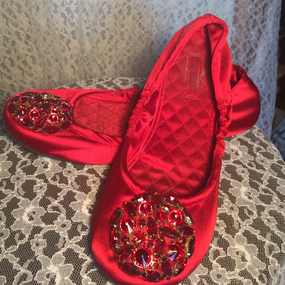 Red Satin Gem Slipper Flats - Picture 1 of 4